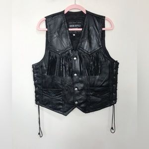 Navarre Leather Black Biker Vest with Fringe Detail & Lace-Up Sides size M